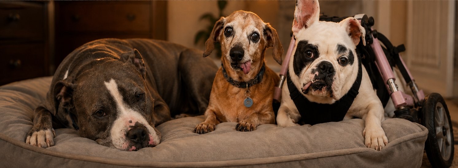 Three rescued dogs resting together on a bed — a pit bull mix, a senior dachshund, and a French bulldog in a wheelchair